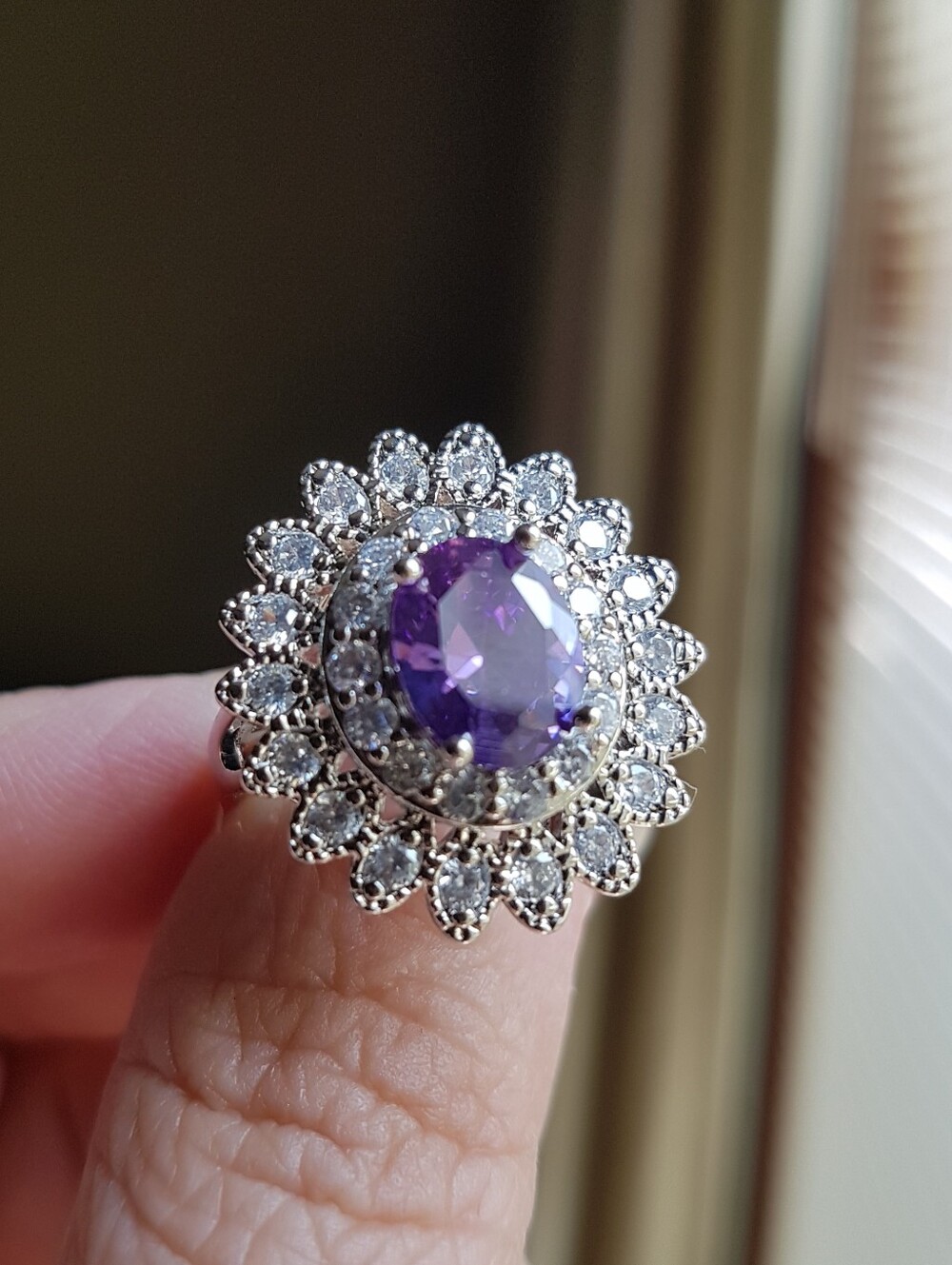 Swarovski Elements 925 Sterling Silver Amethyst Purple Flower Halo Ring NEW